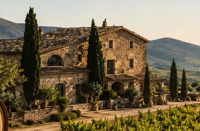 Casa de pedra espanhola entre ciprestes, com montanhas ao fundo